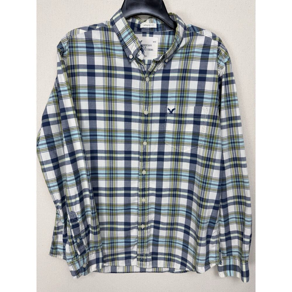 Men’s American Eagle Outfitters Button Down Blue Plaid Athletic Fit Shirt Sz L